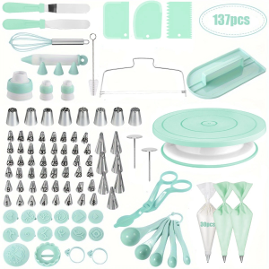 cake decorating set with turntable piping bags tips spatulas and tools.