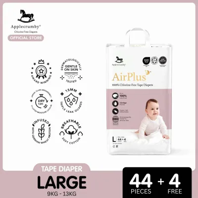 Applecrumby AirPlus 100% Chlorine-Free Large Tape Diapers (9KG - 13KG) 48PCS