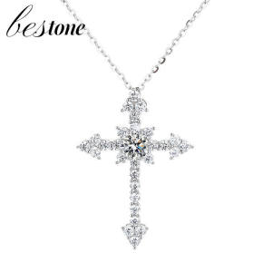 《302》[With Certificate]Bestone S925 Sterling Silver Moissanite Diamond Cross Pendant Necklace for Women