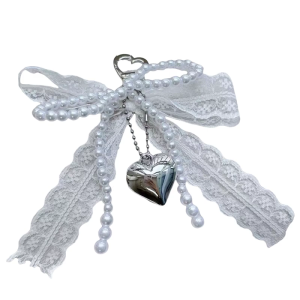 พวงกุญแจห้อยประดับด้วยลูกปัดไข่มุกเทียมรูปโบว์จี้หูกระต่ายสำหรับผู้หญิงหญิงสาว