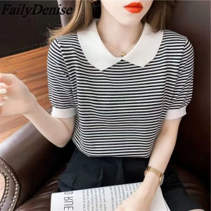 CARINE Stripe Knit Blouses for Women Korean Style Doll Collar Short Sleeve Shirt Women Loose