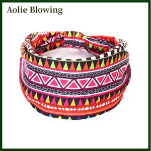 Aolie Fashion Cotton Stretch Headband African Pattern Print Twist Style Elastic Hair Band Wide Hairbands Bandana Turban Knot Headwrap