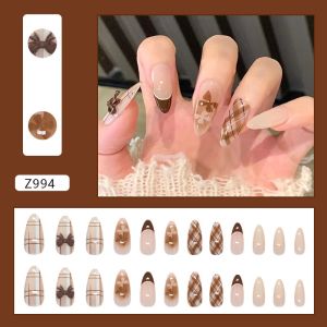 Set móng tay Nails By Mia 24 móng nơ kiểu Pháp ca rô màu nâu Z994