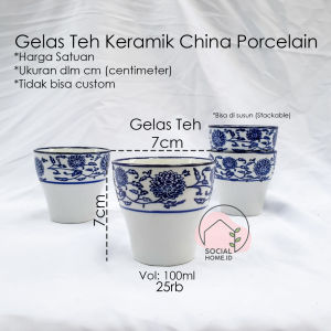 Gelas Teh Keramik China Biru Putih Porcelain Porselain Diameter 7cm Tinggi 7cm Volume 100ml Stackable
