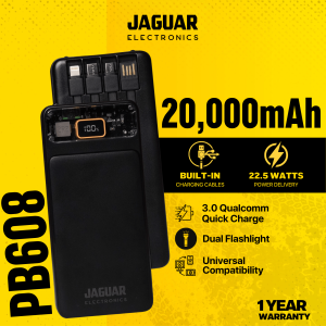 Jaguar Electronics PB608 20000mAh 22.5W PD/QC 3.0 Fast Charging Power Bank With Built-in Cables - Purple Transparent Design Type-C Input/Output LED Display