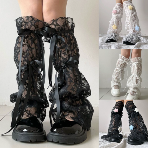 Japanese Styles Star Lace Leg Sleeves with Adjustable Ties for Women Gothic Punk Students Sheer Leg Warmers Boot Covers