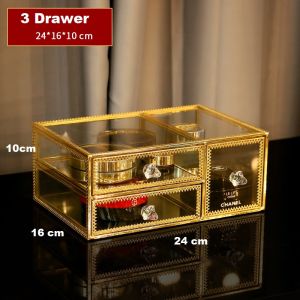Gold Frame Storage Box Perfume Make Up Cosmetic Organizer Stackable Drawer Dust Proof Cover 网红金属边化妆品收纳盒玻璃梳妆台置物架