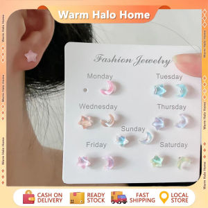 7 Pairs Fairy Colorful Star Moon Stud Earrings Set Hypoallergenic Ear Piercing Jewelry Cute Aurora Color Earrings