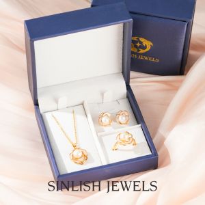 SINLISH Rose Pearl Jewelry Set Freshwater Necklace Earrings & Ring 18K Gold Vermeil Elegant Wedding & Daily Style