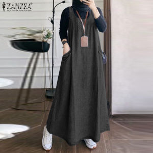 Fancystyle ZANZEA Muslimah phụ nữ hồi giáo không tay Vòng cổ vải denim bên túi giản dị