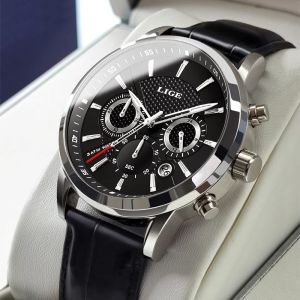 LIGE Mens Watches Gift Top Luxury Brand Waterproof Sport Watch Chronograph Quartz Military Genuine Leather Wrist Watch