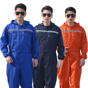 ชุดทำงานแขนยาวแบบตัวต่อ หมวกในตัว แถบสะท้อนแสง สำหรับซ่อมรถ-เครื่องจักร กันน้ำมัน