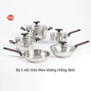Bộ 5 nồi chảo iNox không chống dính iMAT.Thân inox 304 cán nhựa Bakelitevung kính