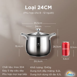 Nồi Bếp Từ 5 Đáy Inox 304 SSGP Nồi Luộc Gà Hầm Xương Dung Tích Lớn Thành Cao Chống Trào Giữ Nhiệt Tốt Tiết Kiệm Năng Lượng Kèm Nắp Kính