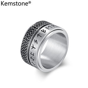 Kemstone Mens Rotatable Rings Viking Script Celtic Knot Stainless Steel Domineering Ring Jewelry