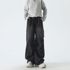 Nam hợp thời trang đàn hồi quần jean eo với ống đứng dáng rộng chân quần legging rộng phong cách đường phố lớn Retro xếp li túi thiết kế