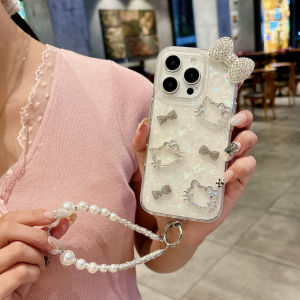 [Mới] Vỏ điện thoại IMD kết cấu mẫu nơ và đầu mèo kim cương giả 3D có vòng đeo tay cho iPhone 11 12 13 14 15 16 Series