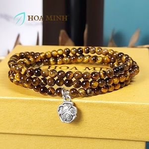 Vòng tay đá Mắt Hổ vàng nâu size 4 li mini kiểu đeo quấn 3 vòng phối charm hoa hồng dễ thương phong cách không kén mệnh | Hoa Minh Gem
