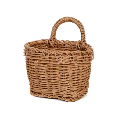 PAZNUL Imitation Rattan Kitchen Storage Basket Brown with Handle Wall Hanging Basket Creative Vegetable Fruit Flower Hand-woven Hanging Baskets