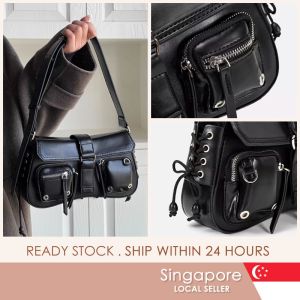 [SG SELLER]  Black Edgy Women Classy Casual Outing Minimalist Crossbody Adjustable Pocket Korean Sling Bag