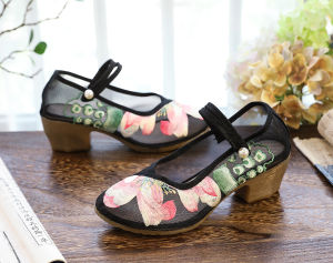 [Free Shipping] Mesh Shoes Square Heels High Heels Mesh Embroidered Shoes Cloth Shoes Chinese-Style Shoes Ancient-Style Shoes Lotus Embroidery WomenS Shoes Sandals