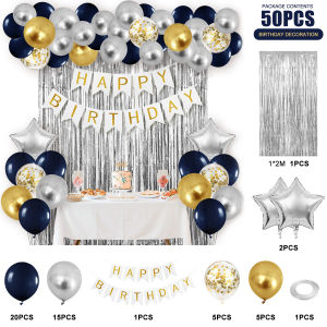 50pcs Balloons Set Party Decorations Happy Birthday Banner Foil Curtain Backdrop Star Confetti Balloon Set Decoration For Kids Adult Birthday Party Needs Supplies