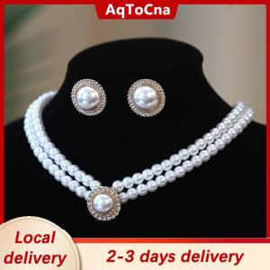 [COD] AqToCna Ship within 24 hours 3pcs Fashion Double Layer Pearl Pendant Necklace Earrings Jewelry Set Ladies Banquet Wedding Jewelry Accessories Gift