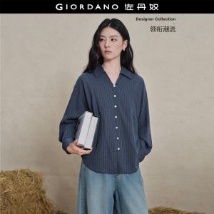 GIORDANO Women Shirts Striped Skipper Collar Shirts Button Accent Long Sleeve Fashionable Casual Loose Shirts 18346518