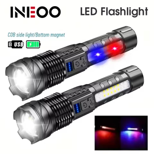 INEOO Super Bright LED COB Flashlight USB Rechargeable Torch Powerful Zoomable Lantern Working Light with Red Blue Side Light