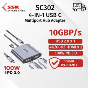 SSK SC302 Type C 4-In-1 Adapter USB C to Dual HDMI HUB 4k 60Hz With 100W PD Charging USB Port HUB 3.0