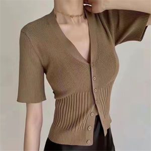 Women Button Knitted Top Fashion New Casual Short Sleeve V -neck Top