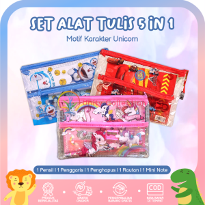 Zipper Pouch 5 in 1 Tempat Pensil Karakter Kartun Alat Tulis Set