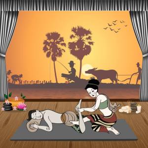 สติ๊กเกอร์ตกแต่งผนัง กระจก ร้านสปาไทย ร้านนวดไทย (ST-SPA7) ภาพคนนวด-ฉากหลังภาพชาวนา ทุ่งนา วิถีไทย