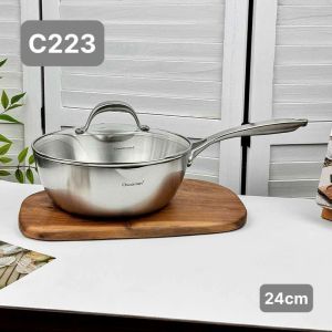 Chảo Sâu Lòng Inox 18/10 Chockmen Kèm Vung Kính Size 20-24-28cm Dùng Được Trên Mọi Bếp