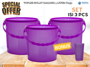 [INDRA]Paket Toples Bulat Gagang 5Liter/isi 3pcs BONUS 1 pcs Gelas Ice Tea 450ml