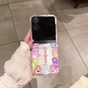 ใหม่ 2025 สำหรับ Samsung Galaxy Z flip 7 Z Flip 6 เคสศัพท์มือถือแบบพับได้ เคสแข็ง PC สามชิ้นลายการ์ตูนหมีสายรุ้งน่ารักพร้อมบานพับและจี้สร้อยข้อมือ