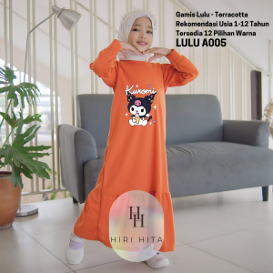Hirihita Lulu A005 Baju Gamis Lulu Anak Perempuan Creep Spandek Sablon Helo Kity Sanrioo Kuromi 12 Pilihan Warna Hitam Maroon Salem Biru Navy Ungu Lilac Fuschia Pink Cokelat Bata 1-12 Tahun