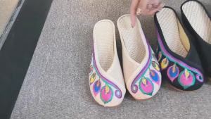 [Free Shipping] Linen Sequin Beaded Embroidery High-Heeled Wedge Sandals For Women Embroidered Fabric Shoes