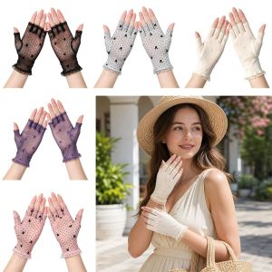 FLYING Thin Half Finger Gloves Short Lace Trim Fishnet Gloves Versatile Breathable Mesh Sunscreen Gloves Women