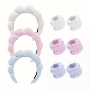 3ชิ้นสปาคาดศีรษะสายรัดข้อมือชุดแต่งหน้าคาดศีรษะใบหน้าและสายรัดข้อมืออุปกรณ์ผมสําหรับล้างหน้าสปาดูแลผิวสวมใส่