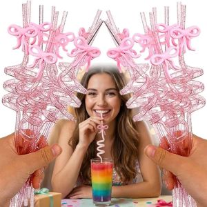 GORGE 10Pcs Glitter Pink Bow Straws Reusable Bent Tube Drinking Straw Pretty Design Curved Straw Party Decorations