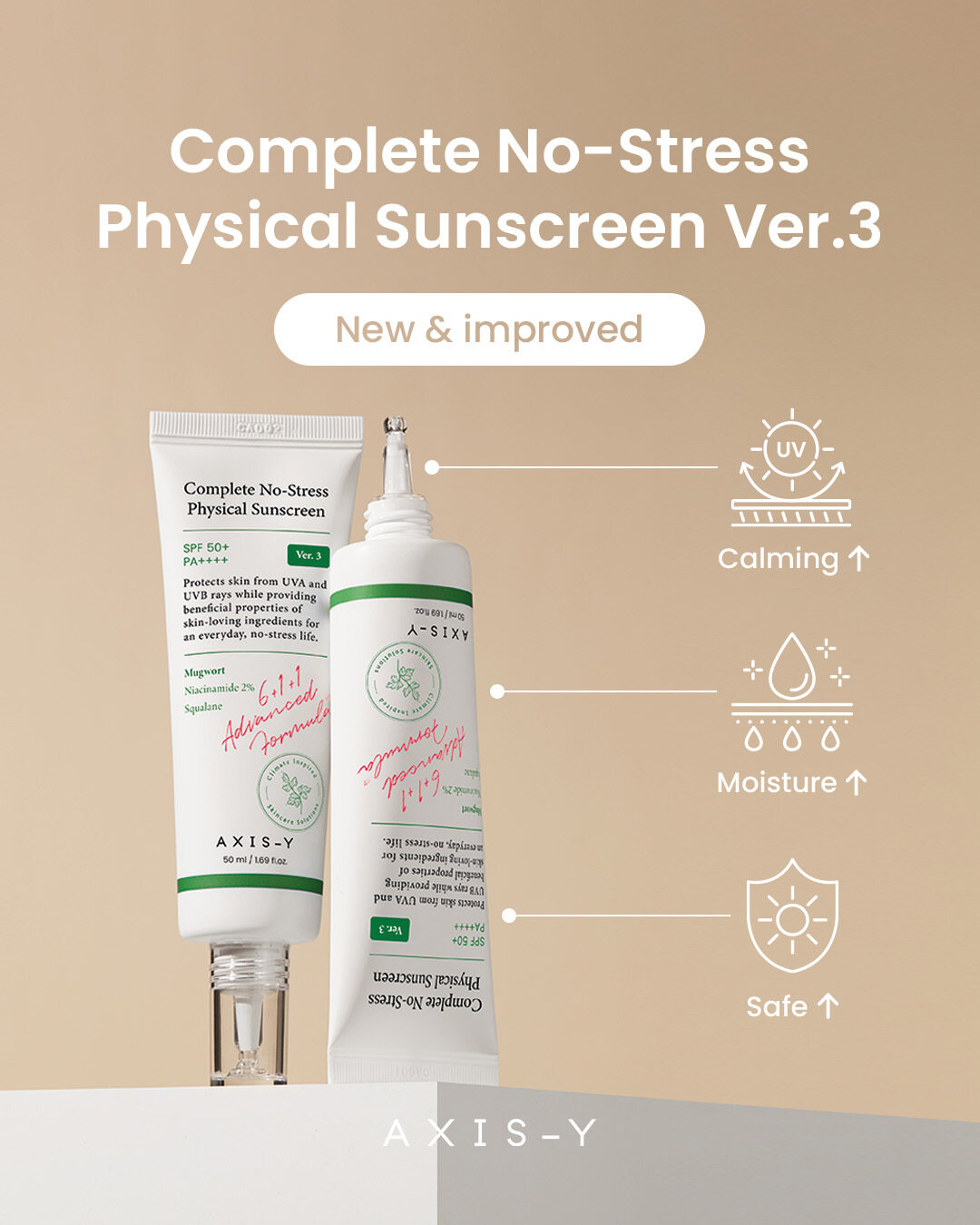 Ready Stock Axis Y Complete No-Stress fizikai fényvédő SPF50+ PA+++++ 50 ml_voghion.com