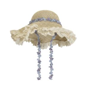 Breathable Vacation Beach Cap with Garland Lightweight Big Brimmed Straw Hat Sunshade Topi with Lace Woven Sun Cap