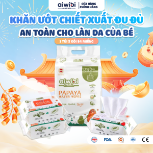 Khăn Giấy Ướt Aiwibi Chiết Xuất Đu Đủ Hữu Cơ Không Mùi và Không Cồn Cho Bé 1 lốc x 3 gói x 84 tờ