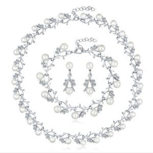 HENLI 4Pcs Alloy Necklace Earrings Bracelet Set Vintage Bohemian Style Women Jewelry Suit Gifts Delicate Pearl Jewelry Set Women