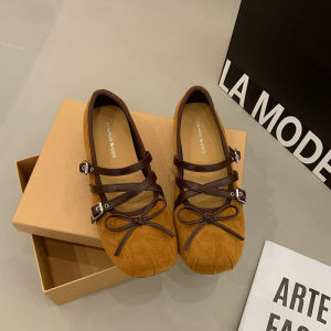 Free Shipping Retro-Style Double-Buckle Bow-Tie Shallow-Toe Flats For Women 2026 New Collection Versatile Ballet Flats