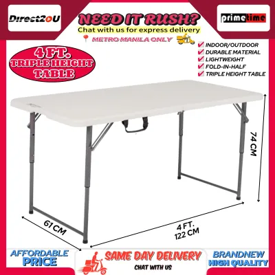 Primetime 4 Ft. Rectangular SIX SEATER Fold-in-Half TRIPLE Height Plastic Table (Pure White)
