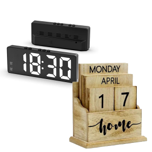 2PC LED Mirror Table Alarm Clock And European Style Wooden Calendar Decorative Stand Office Decorat