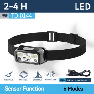 Smiling Shark TD0144 Led Headlight Sensor Headlamp Super Bright White Red Light Fishing Head Light 6 Modes Type-C Rechargeable Outdoor Waterproof Cycling Running Read Child