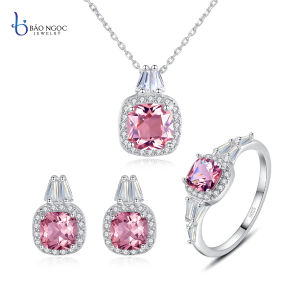 Bộ Trang Sức Bạc Đá Zirconia Màu Hồng Đỏ Combo Bộ 3 Món Nữ Trang Bạc Xi Vàng Trắng Cao Cấp - BDM2304 - Bảo Ngọc Jewelry